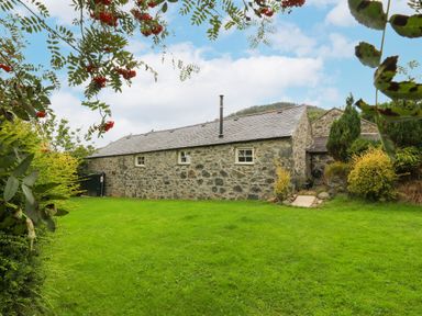 A stone cottage with a slate roof and three windows surrounded by green grass and bushes at Nant Bach Boduan near Nefyn