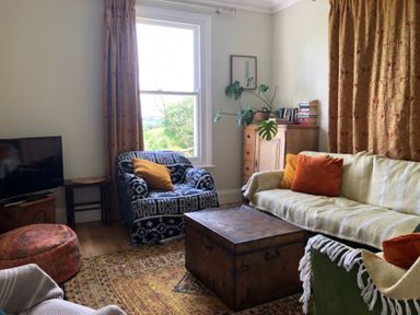 A living room with a patterned armchair, a wooden chest as a coffee table, a television, and a sofa with cushions at Wottonsbury in Ilsington