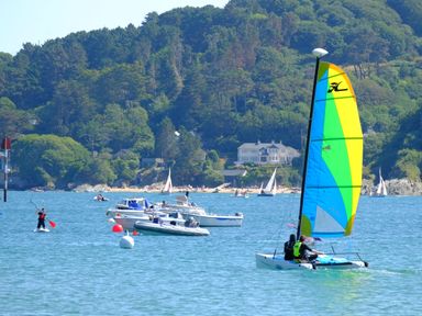 A body of water with several boats and a sailboat with a multicolored sail near a wooded shoreline with houses at 32 The Salcombe in Salcombe