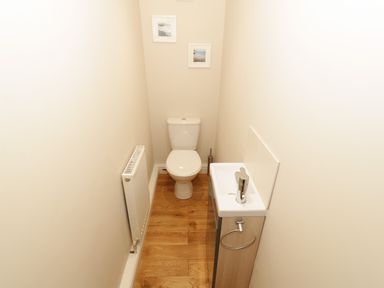 A small bathroom with a toilet a sink a radiator and two framed pictures on the wall at Bryn in Bethesda
