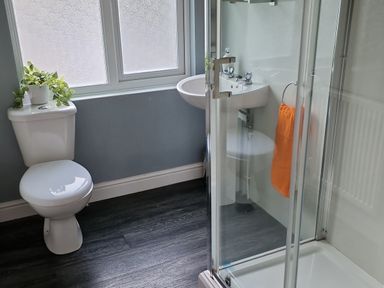 A bathroom with a toilet, sink, and shower at Annest in Bethesda