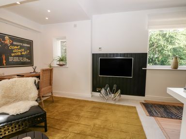A room with a mounted flat screen tv rattan chair a wooden desk with plants and a black framed poster on the wall at Kub House in Wigginton Hertfordshire