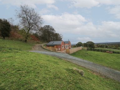 A small brick house with a fenced yard on a grassy hill with trees and a gravel driveway at Border View Lodge in Llandrinio