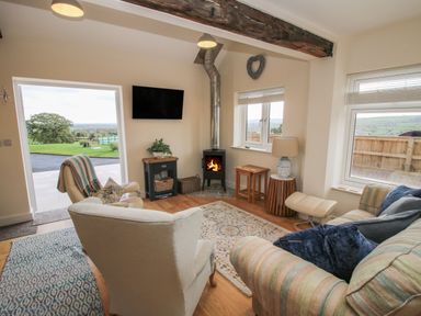 A living room with armchairs a wood stove and a mounted tv at Border View Lodge in Llandrinio