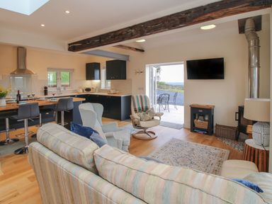 An open plan living room and kitchen with a striped sofa a blue armchair a swivel chair a wall mounted tv and kitchen island with bar stools at Border View Lodge in Llandrinio