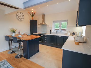 A kitchen with dark blue cabinets a wooden countertop breakfast bar with chairs and a window at Border View Lodge in Llandrinio