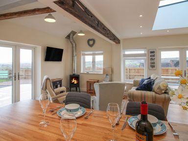 A dining table set with wine glasses and plates in an open living room with a wood burning stove and large windows at Border View Lodge in Llandrinio