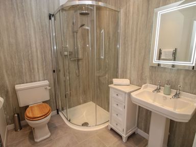 A bathroom with a toilet with wooden seat a glass shower enclosure a white sink a vanity cabinet and a lighted mirror at Border View Lodge in Llandrinio