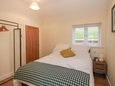 A bedroom with a double bed a bedside table with a lamp a mirror and a clothes rack at Border View Lodge in Llandrinio