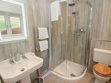 A bathroom with a sink, a towel rack, a corner shower enclosure, and a toilet with a wooden seat at Border View Lodge in Llandrinio
