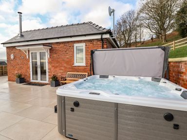 An outdoor patio area with a bubbling hot tub bench and potted plants near a brick building at Border View Lodge in Llandrinio