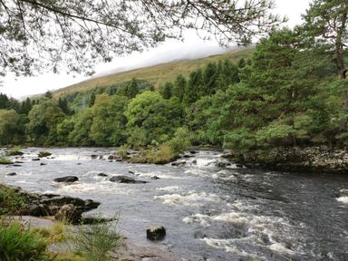 A river with rocks flowing through a forest with trees and a hill in the background at Millmore Cabin in Killin