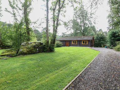 A wooden cabin surrounded by trees with a gravel driveway and grassy lawn at Millmore Cabin in Killin