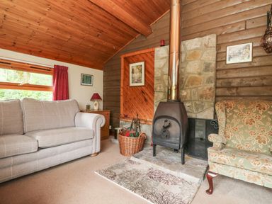 A living room with a wood stove and two sofas at Millmore Cabin in Killin
