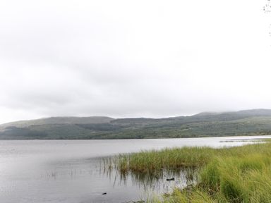 A lake with grass along the shore and hills in the background under a cloudy sky at Millmore Cabin in Killin