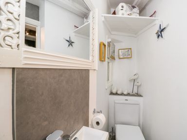 A small bathroom with a toilet sink mirror shelves and decorative items at Cobblers Cottage in Upton Upon Severn