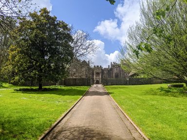 A paved pathway leading to a gated stone castle with trees and grass on either side