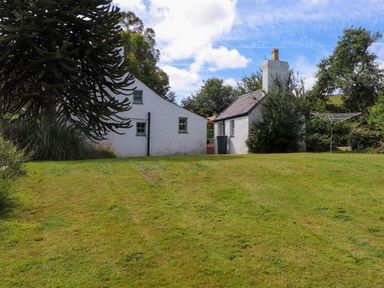 A yard with two white houses surrounded by trees and grass at Bwthyn Gwyn Ty'n Y Pant in Boduan near Nefyn