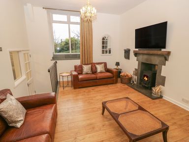 A living room with two brown leather sofas a wooden coffee table a fireplace a wall-mounted TV and a large window at Yr Hen Ysgol The Old School in Prenteg
