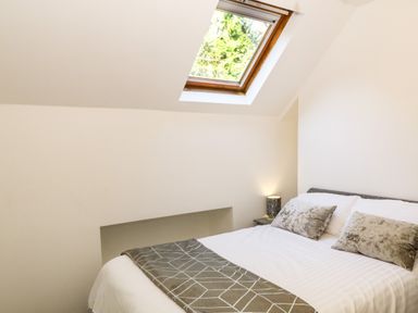 A bedroom with a double bed pillows a bedside table with a lamp and a skylight window at Yr Hen Ysgol The Old School in Prenteg