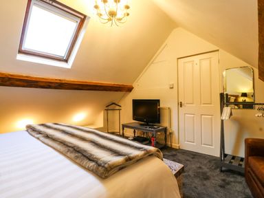 A bedroom with a bed blanket a television a mirror and a clothes rack at Yr Hen Ysgol The Old School in Prenteg