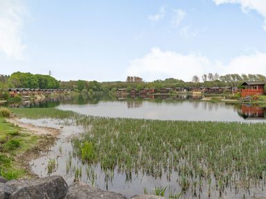 A lake with reeds and wooden cabins along the shore at Lakeview Lodge in South Lakeland Leisure Village
