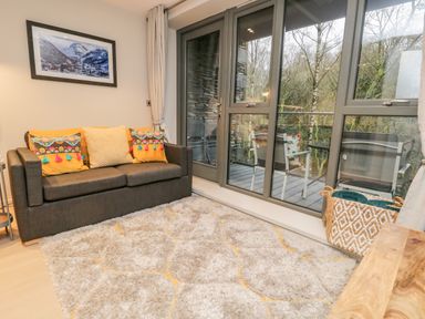 A living room with a dark sofa with yellow cushions and a rug in front of sliding glass doors at River View in Backbarrow