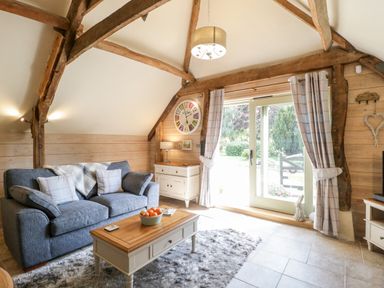 A living room with a grey sofa a coffee table a sideboard and glass doors with curtains at The Barn at Rapps Cottage in Rapps near Ilminster