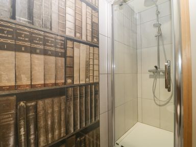 A shower with tiled walls next to a wall with a bookshelf wallpaper at The Barn at Rapps Cottage in Rapps near Ilminster