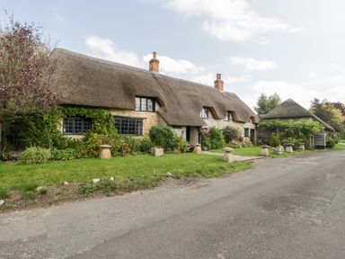 A thatched roof cottage with stone walls and garden plants beside a road at The Barn at Rapps Cottage in Rapps near Ilminster
