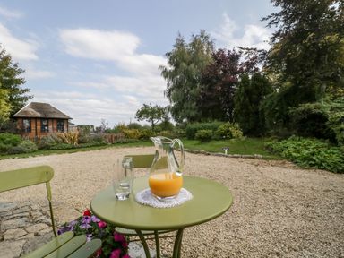 A green table with a jug of orange juice and glasses in a garden at The Barn at Rapps Cottage in Rapps near Ilminster