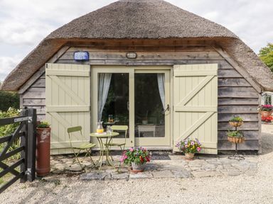 A wooden cottage with thatched roof a small table and two chairs with flowers outside at The Barn at Rapps Cottage in Rapps near Ilminster