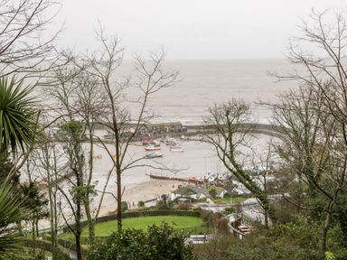 A coastal harbor with boats docked and buildings visible through trees at The Barn at Rapps Cottage in Rapps near Ilminster