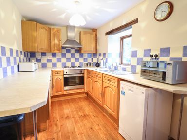 A kitchen with wooden cabinets a tiled backsplash a stove a microwave a toaster a kettle a sink and a dishwasher at Yr Hen Felin in Llanfyllin