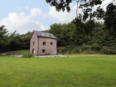A stone house with multiple windows surrounded by grass and trees at Yr Hen Felin in Llanfyllin