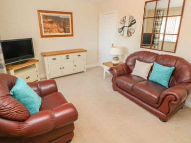 A living room with two leather sofas with cushions a TV and cabinets at Ffau'r Ddraig in Cross Hands
