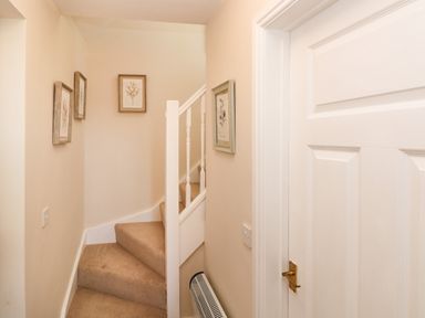 A carpeted staircase with framed pictures on beige walls and a white door with a brass handle at Ffau'r Ddraig in Cross Hands