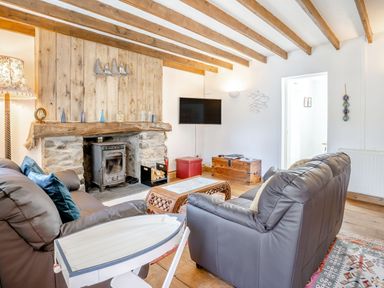 A living room with two brown sofas a wooden coffee table a fireplace with a wood stove and a wall-mounted TV at Sea Pickle Cottage in Llangwm Pembrokeshire