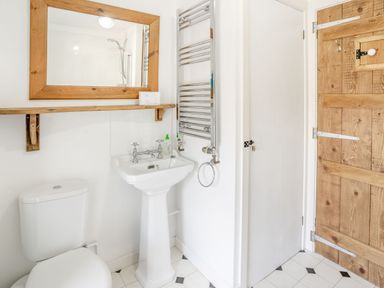 A bathroom with a toilet pedestal sink wooden mirror wooden door and white door at Sea Pickle Cottage in Llangwm Pembrokeshire