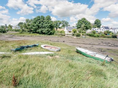 A grassy riverbank with three boats and houses with trees in the background at Sea Pickle Cottage in Llangwm Pembrokeshire