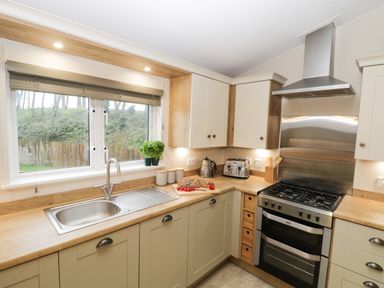 A kitchen with a stainless steel sink stove and toaster at Huckleberry in Runswick Bay near Staithes