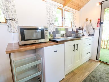 A kitchen area with a microwave on a wooden counter a small refrigerator a sink with a dish rack windows with patterned curtains and a fire extinguisher on the wall at Hugatree in Little Dunham near Litcham