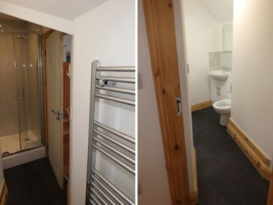 A bathroom with a shower enclosure and an adjacent room with a toilet and a sink at Old Sawrey Stores in Hawskhead