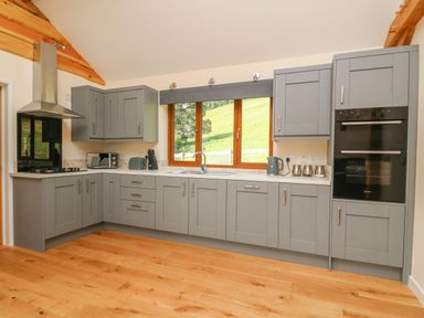 A kitchen with grey cabinets a window wooden beams and wooden floor at Ploony Hill Cabin in Bleddfa near Knighton