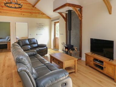 A living room with leather sofas a wooden coffee table a wood stove and a television at Ploony Hill Cabin in Bleddfa near Knighton