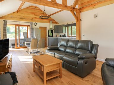 An open plan living room and kitchen with grey leather sofas wooden coffee table dining table with chairs and wooden beams at Ploony Hill Cabin in Bleddfa near Knighton
