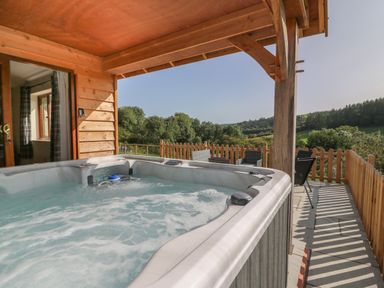 A hot tub on a wooden covered patio with outdoor furniture and a view of trees at Ploony Hill Cabin in Bleddfa near Knighton