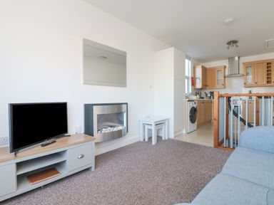 A living room with a TV on a stand and a fireplace next to a kitchen at The Beach Hut in St Ives