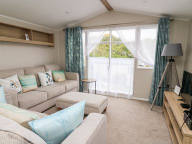 A living room with beige sofas and cushions a wooden coffee table floor lamp and television at Ystwyth 26 in Borth