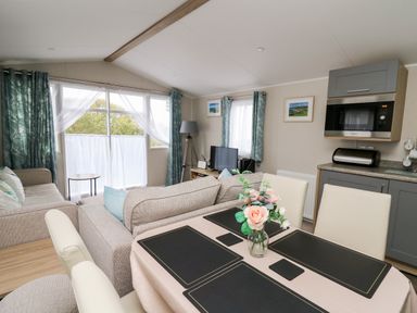 A living room with sofas a dining table with flower vase a television and kitchen appliances at Ystwyth 26 in Borth